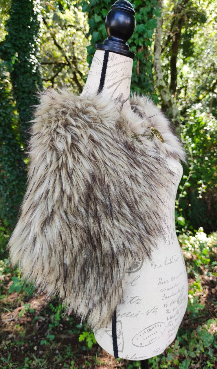 Vegan Fur Viking Mantle with Brooches, Norse Wedding Shawl