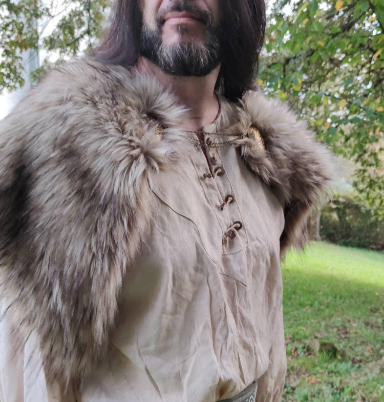 Vegan Fur Viking Mantle with Brooches, Norse Wedding Shawl