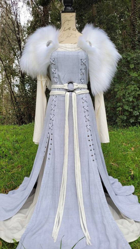 Viking Wedding Dress Set: Norse Bridal Gown, Fur Mantle, Freya Belt