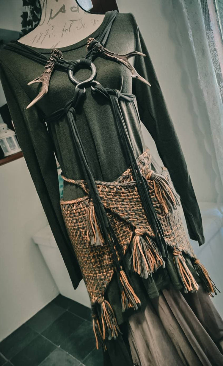 Big Handwoven Shawl, Norse Witch Shawl: Viking Wedding Wrap with Nordic Amulet Belt
