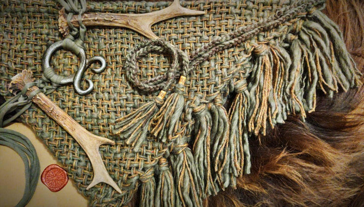 Big Handwoven Shawl, Norse Witch Shawl: Viking Wedding Wrap with Nordic Amulet Belt