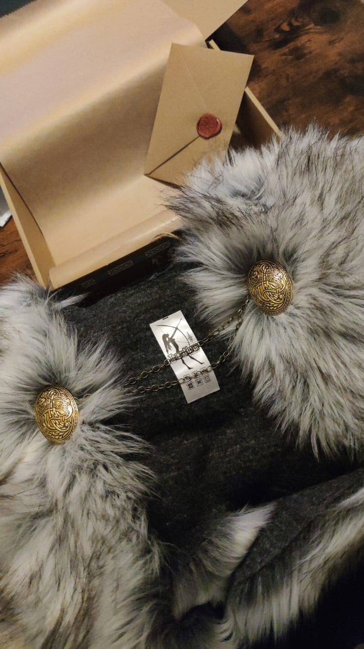 Norse Fur Viking Shoulder Cape with Brooches, Norse Wedding Mantle