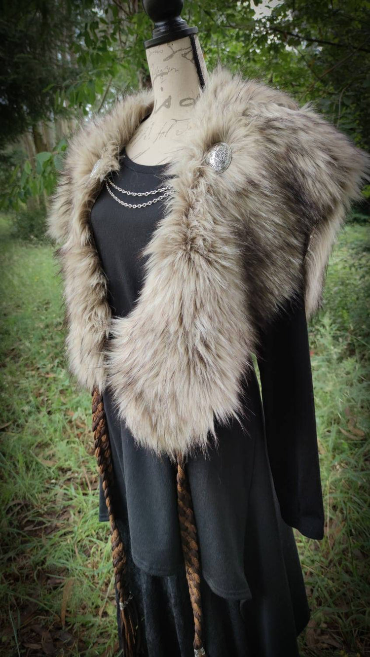 Barbarian Fur Viking Shoulder Mantle, Brooches Included