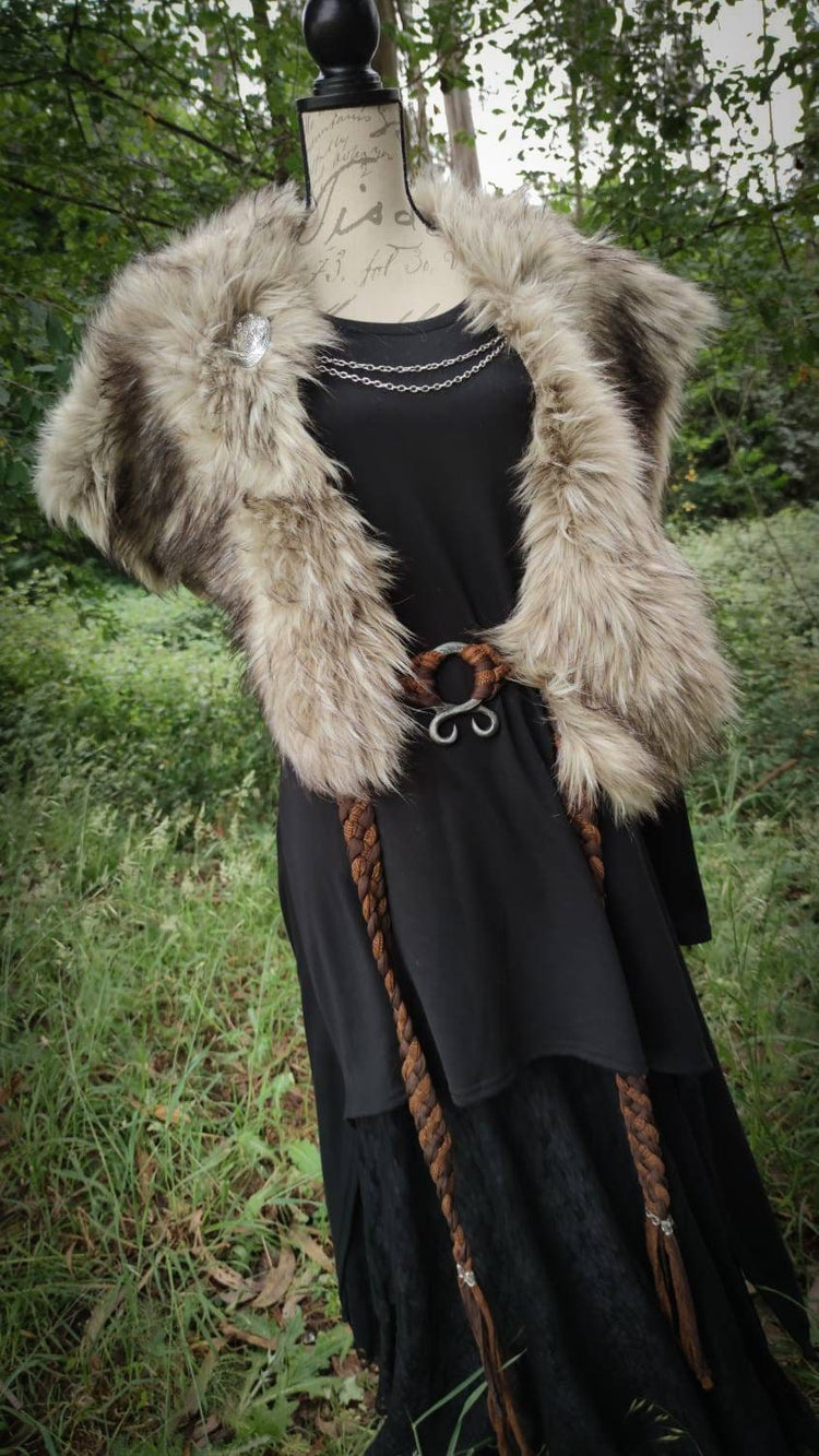 Barbarian Fur Viking Shoulder Mantle, Brooches Included
