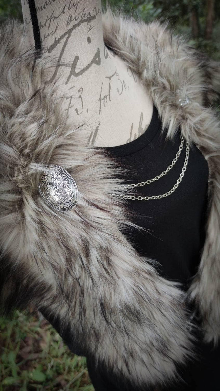 Barbarian Fur Viking Shoulder Mantle, Brooches Included