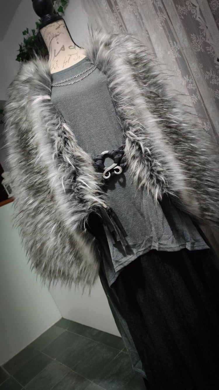 Gray Fur Viking Cape, Norse Wedding Cloak with Brooches