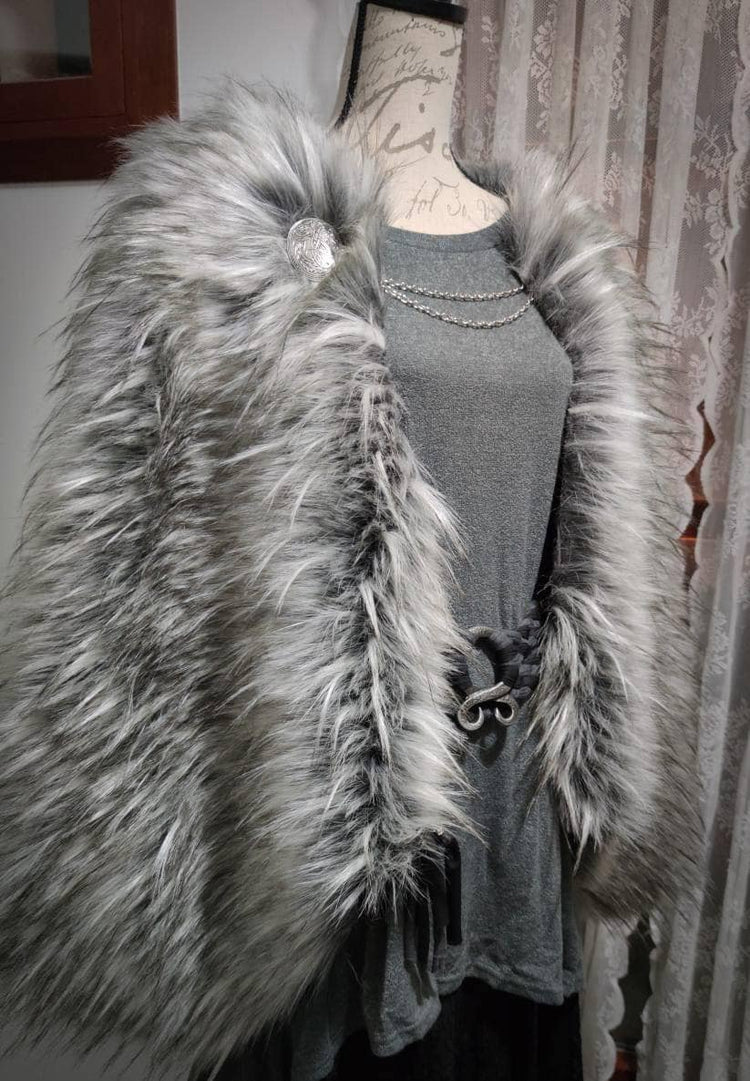 Gray Fur Viking Cape, Norse Wedding Cloak with Brooches