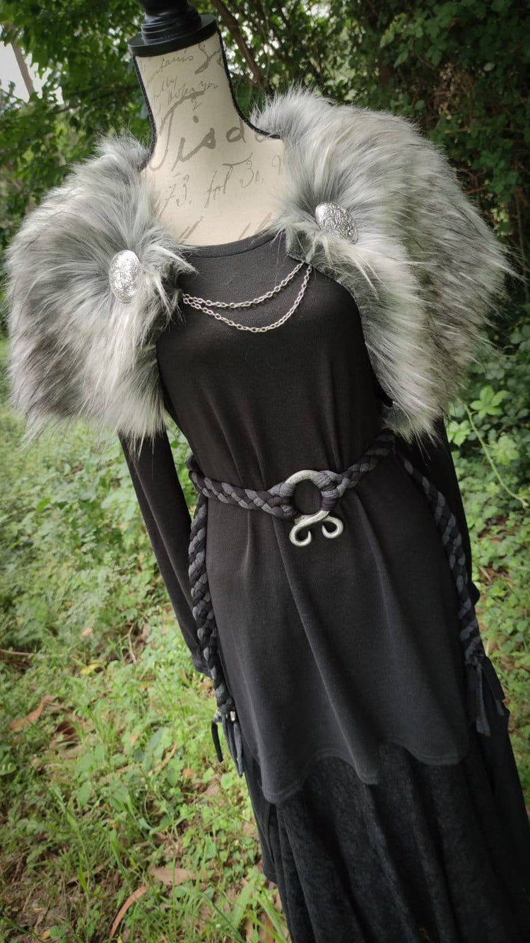 Grey Wolf Vegan Fur Viking Wedding, Norse Wedding Mantle with Brooches
