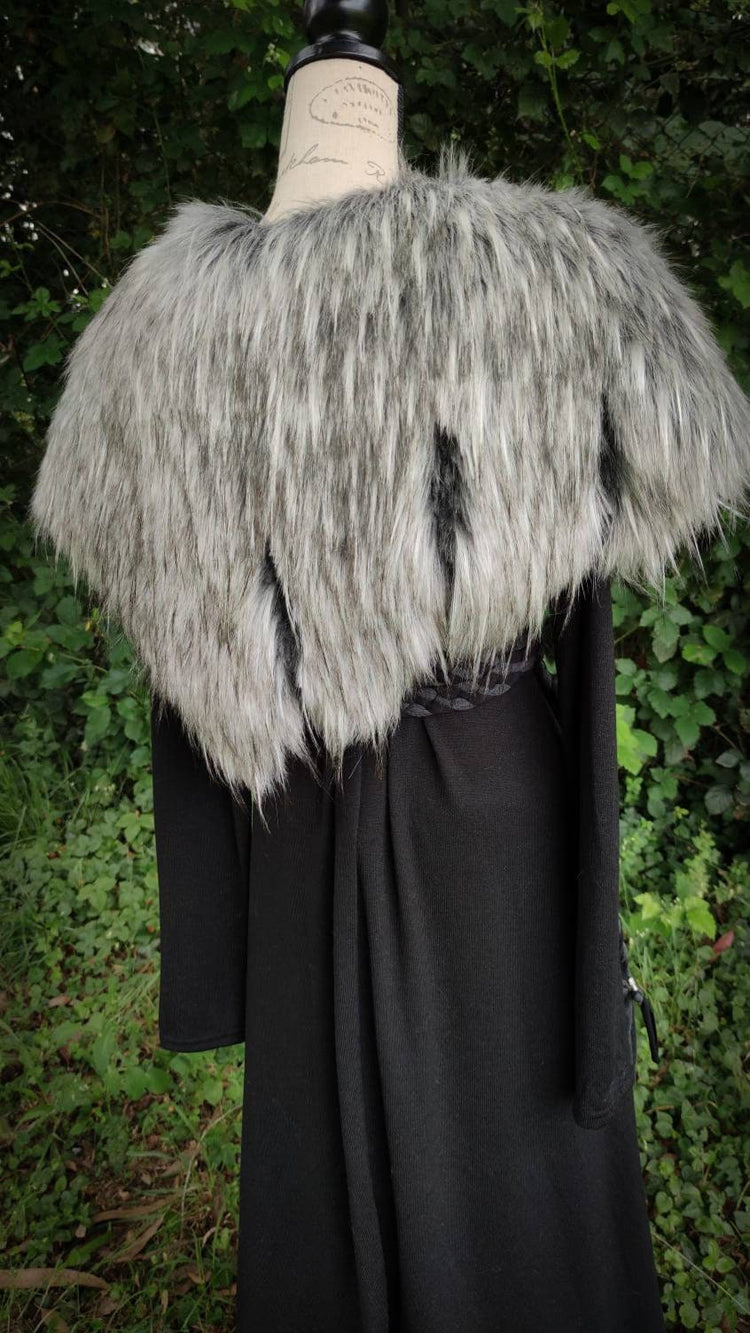 Grey Wolf Vegan Fur Viking Wedding, Norse Wedding Mantle with Brooches