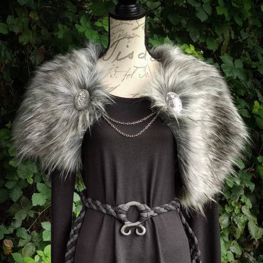 Grey Wolf Vegan Fur Viking Wedding, Norse Wedding Mantle with Brooches