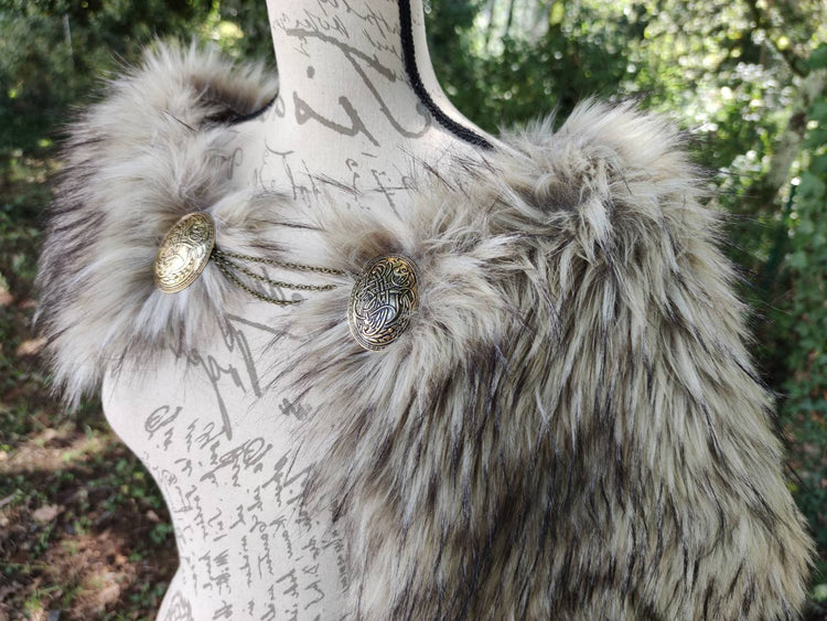 Vegan Fur Viking Mantle with Brooches, Norse Wedding Shawl