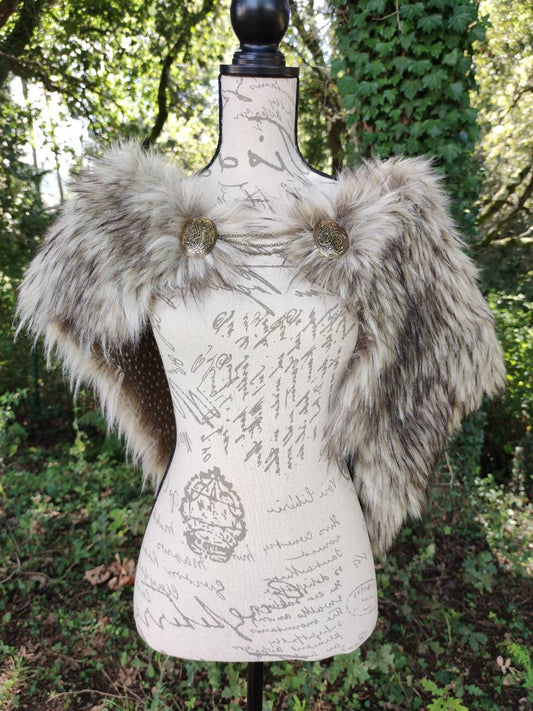 Vegan Fur Viking Mantle with Brooches, Norse Wedding Shawl