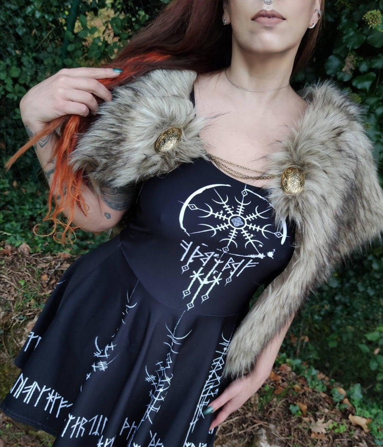 Vegan Fur Viking Mantle with Brooches, Norse Wedding Shawl
