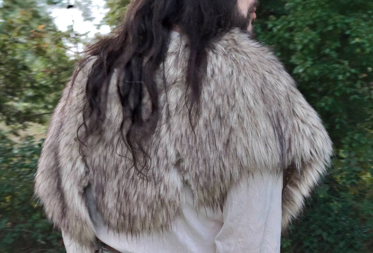 Vegan Fur Viking Mantle with Brooches, Norse Wedding Shawl