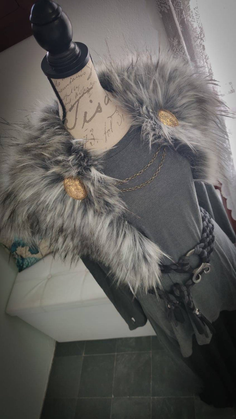 Gray Wolf Vegan Fur Viking Mantle: Norse Wedding Shawl with Brooches