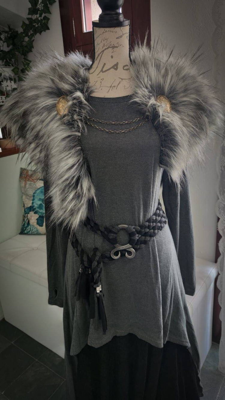 Gray Wolf Vegan Fur Viking Mantle: Norse Wedding Shawl with Brooches