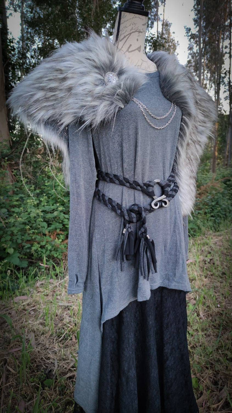 Gray Wolf Vegan Fur Viking Mantle: Norse Wedding Shawl with Brooches