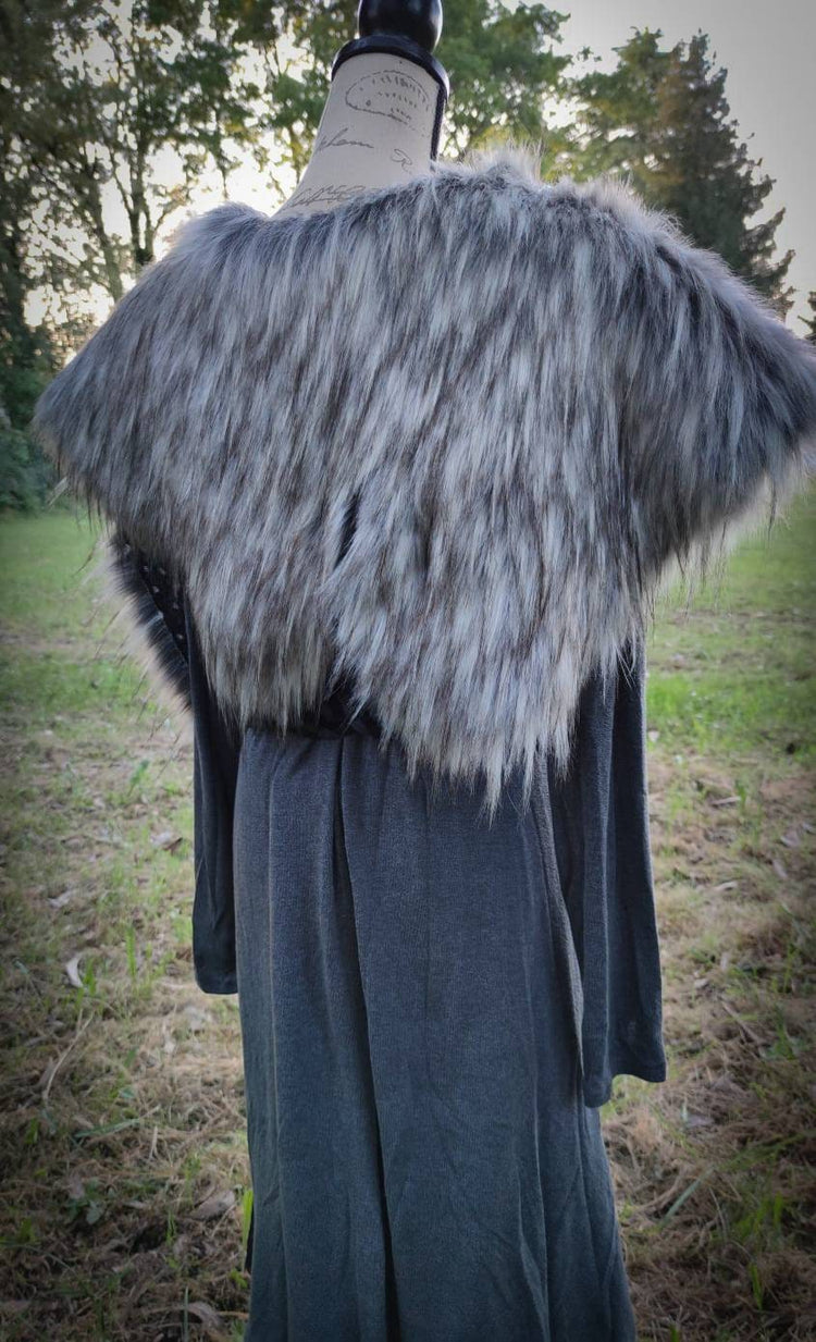 Gray Wolf Vegan Fur Viking Mantle: Norse Wedding Shawl with Brooches