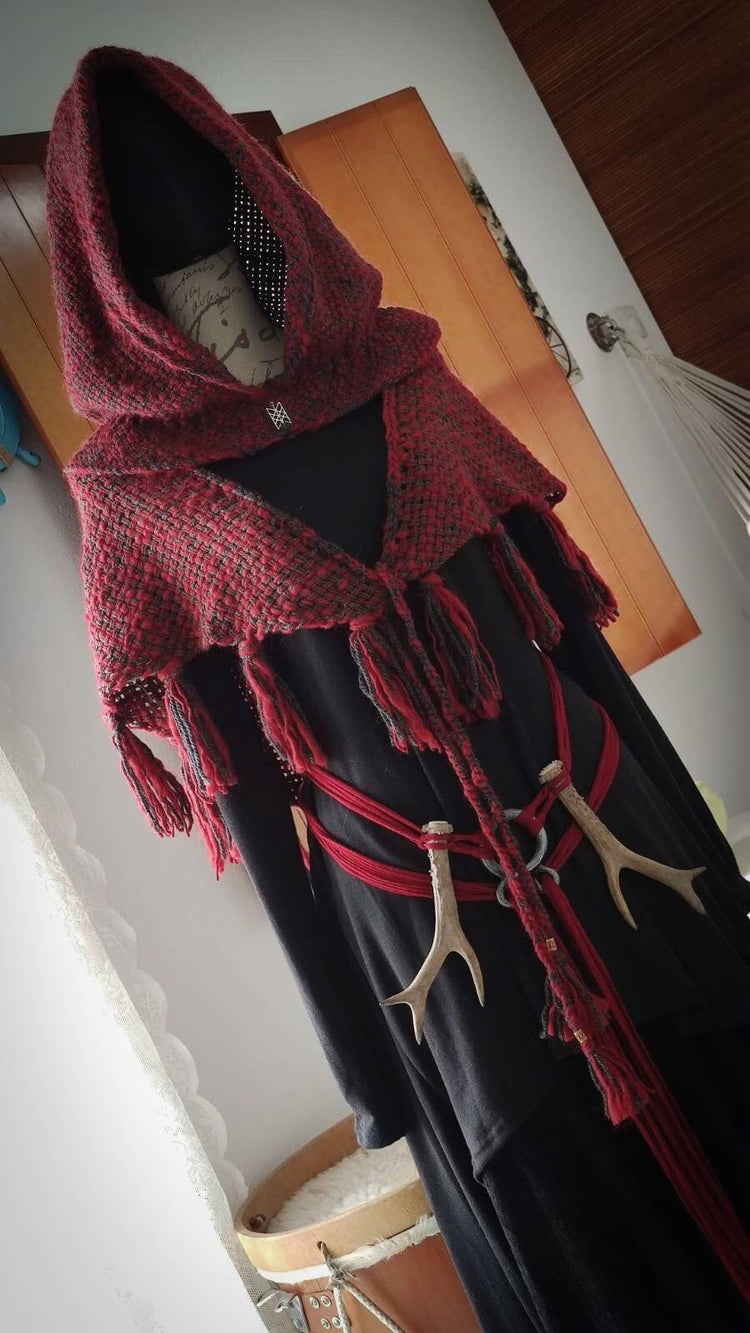 Handwoven Fire Witch Hood, Norse hoodie,  Nordic Style Costume