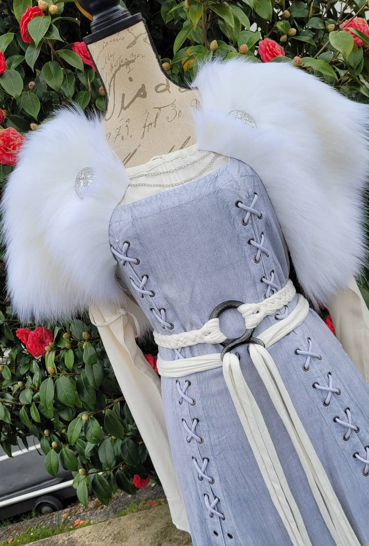 Conjunto de boda vikingo para Ella, vestido superior ligero de lino, vestido interior de algodón, cinturón de Freya + manto de piel nórdica