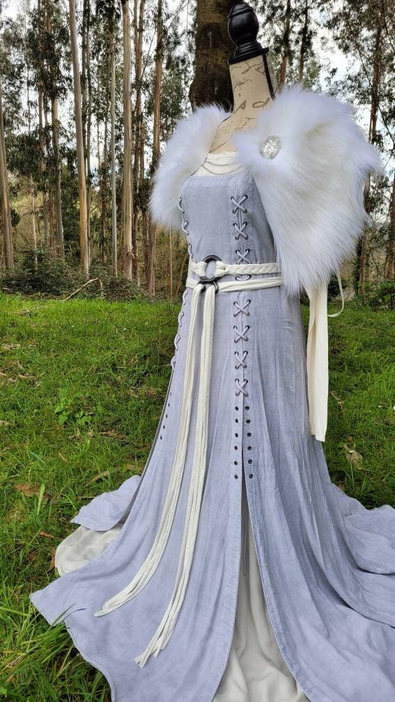 Conjunto de boda vikingo para Ella, vestido superior ligero de lino, vestido interior de algodón, cinturón de Freya + manto de piel nórdica