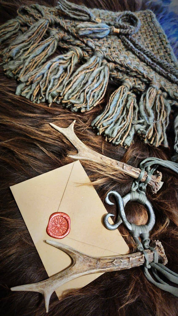 Big Handwoven Shawl, Norse Witch Shawl: Viking Wedding Wrap with Nordic Amulet Belt