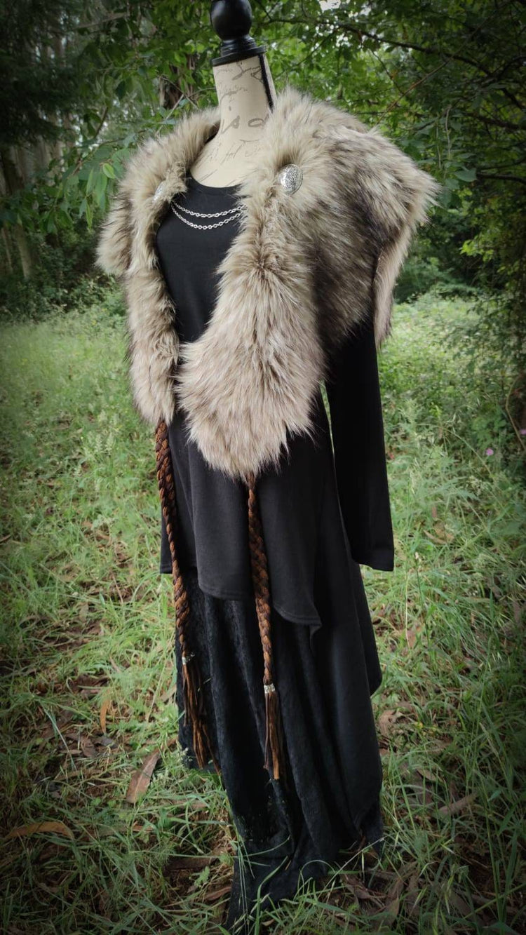 Barbarian Fur Viking Shoulder Mantle, Brooches Included