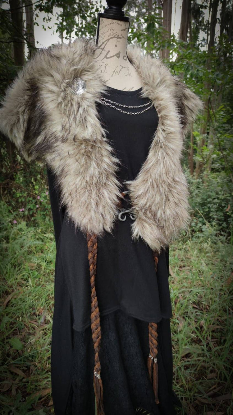 Barbarian Fur Viking Shoulder Mantle, Brooches Included
