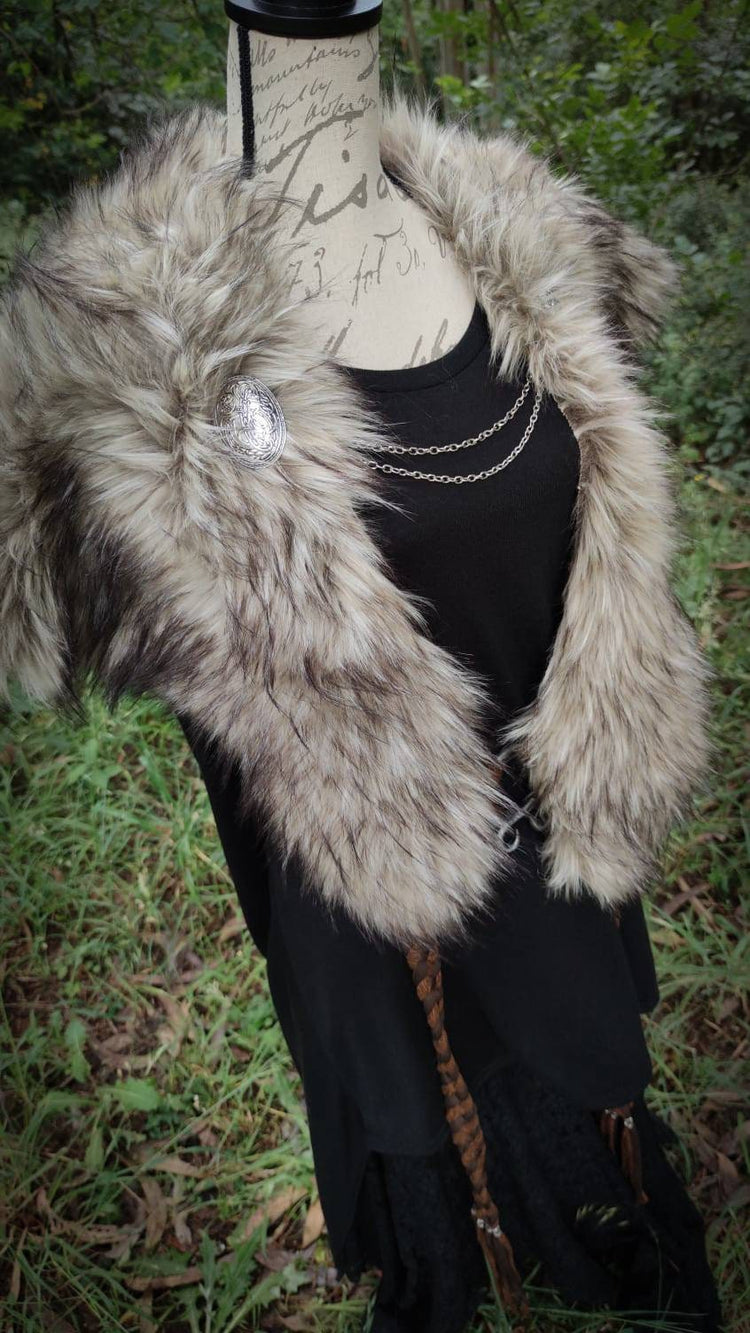 Barbarian Fur Viking Shoulder Mantle, Brooches Included