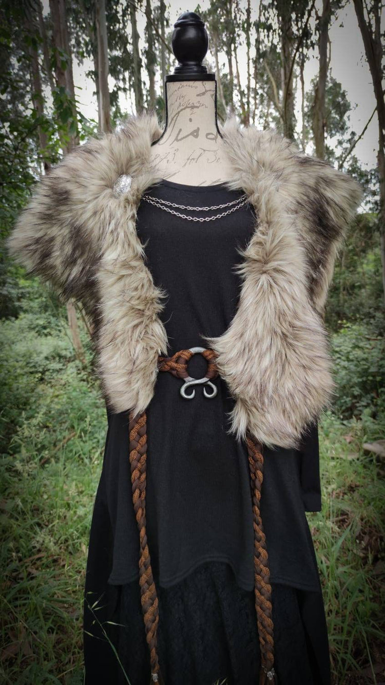 Barbarian Fur Viking Shoulder Mantle, Brooches Included