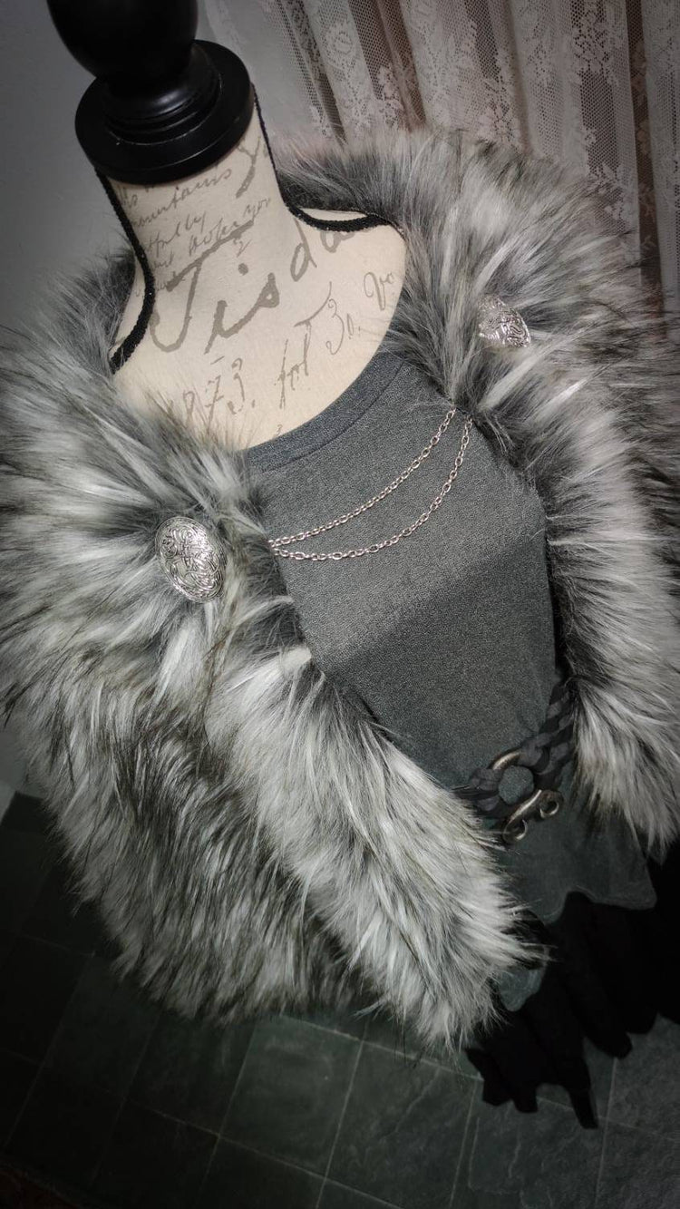 Gray Fur Viking Cape, Norse Wedding Cloak with Brooches