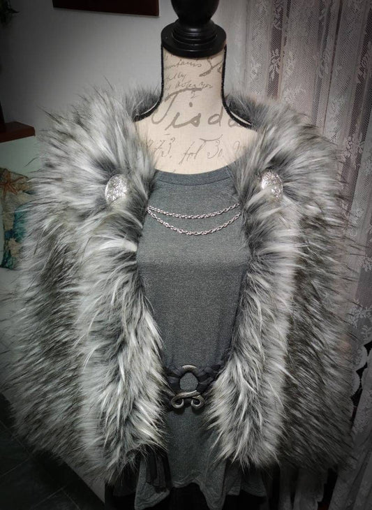 Gray Fur Viking Cape, Norse Wedding Cloak with Brooches
