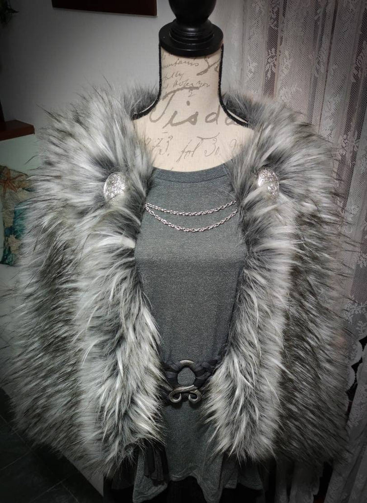 Gray Fur Viking Cape, Norse Wedding Cloak with Brooches