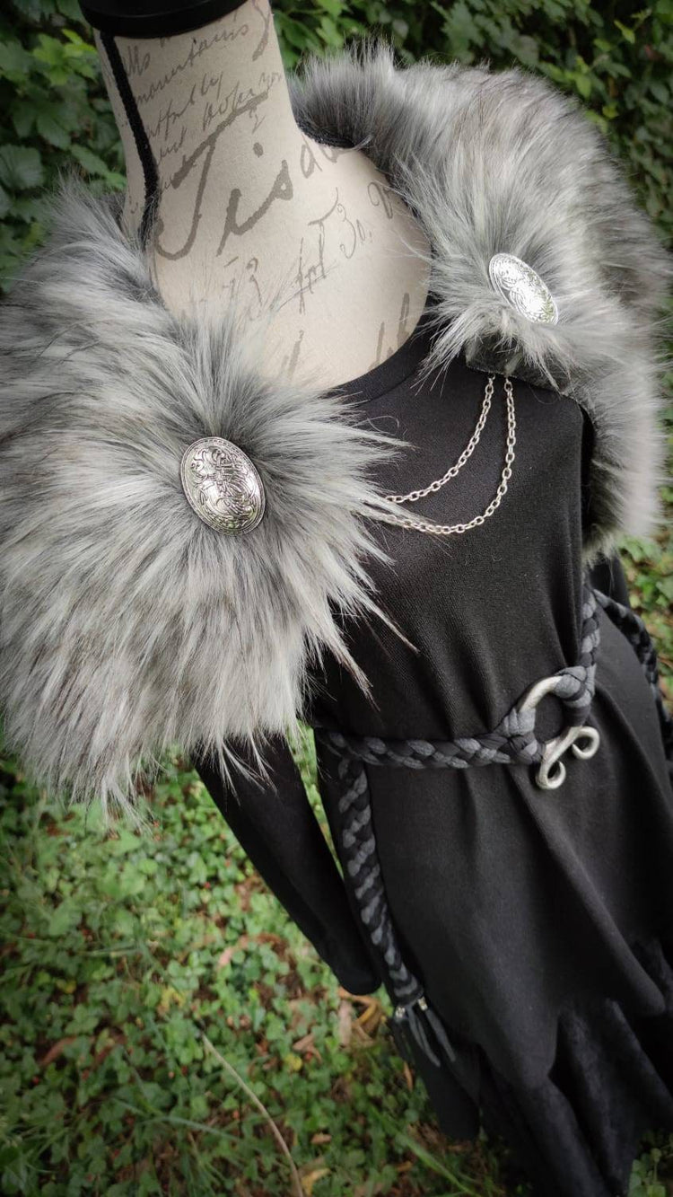 Grey Wolf Vegan Fur Viking Wedding, Norse Wedding Mantle with Brooches
