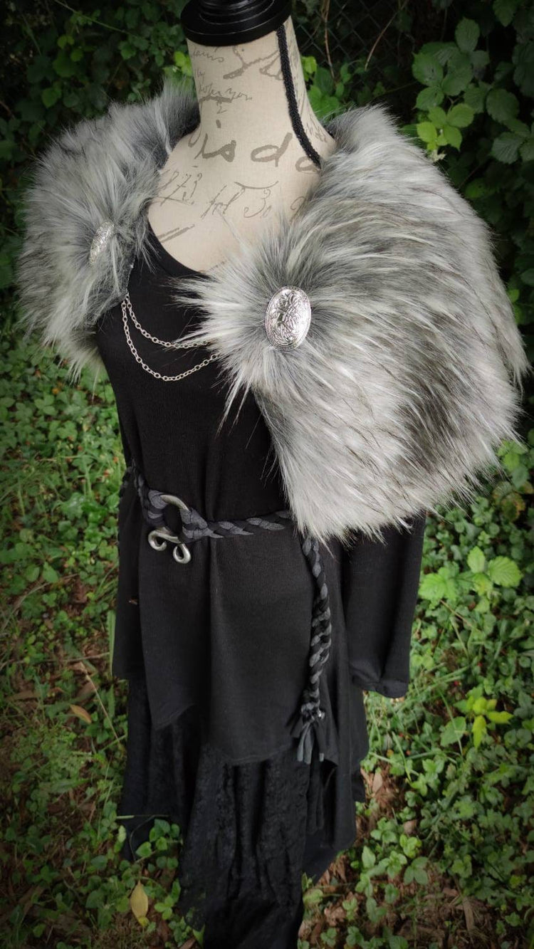 Grey Wolf Vegan Fur Viking Wedding, Norse Wedding Mantle with Brooches
