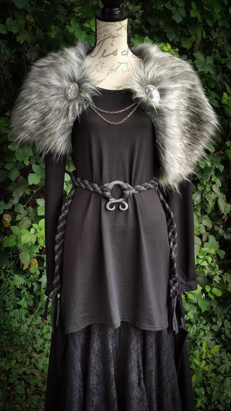 Grey Wolf Vegan Fur Viking Wedding, Norse Wedding Mantle with Brooches