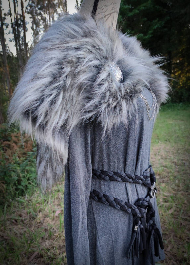 Gray Wolf Vegan Fur Viking Mantle: Norse Wedding Shawl with Brooches