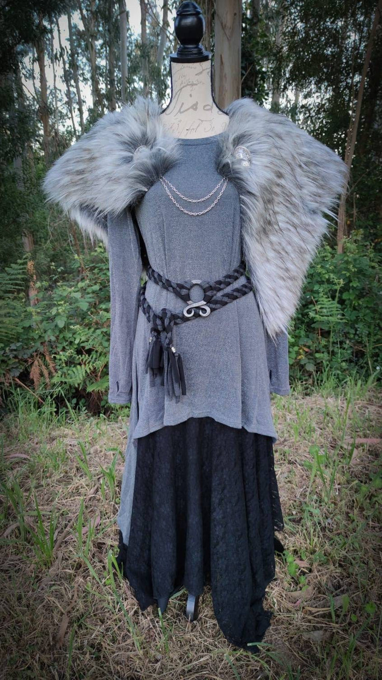 Gray Wolf Vegan Fur Viking Mantle: Norse Wedding Shawl with Brooches