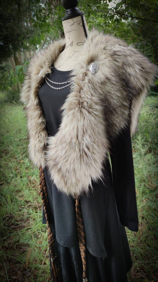 Barbarian Fur Viking Shoulder Mantle, Brooches Included