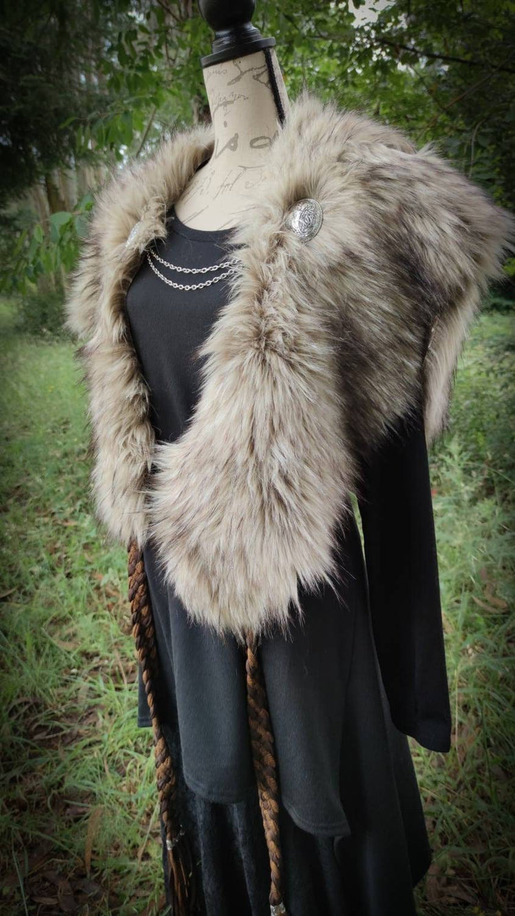 Barbarian Fur Viking Shoulder Mantle, Brooches Included