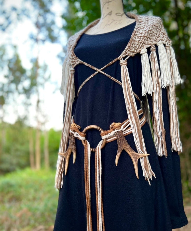 Nordic Shaman Shawl: Harvest Witch Belt, Vegan Antler Amulet