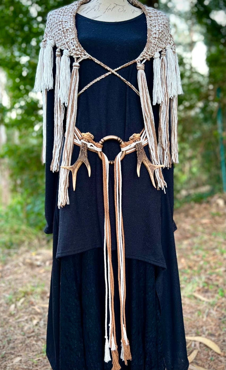 Nordic Shaman Shawl: Harvest Witch Belt, Vegan Antler Amulet