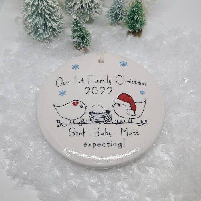 Ornament Expecting, Minimalist Pregnancy Ornament, Line Drawn Ornament, Custom, Personalized - your names and year