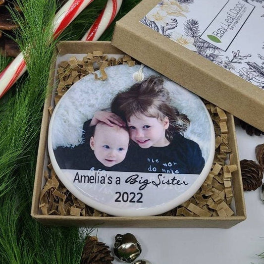 Ornament Big Sister, Ceramic Sibling Ornament, Personalized Big Brother Ornament - your photo and Child's name