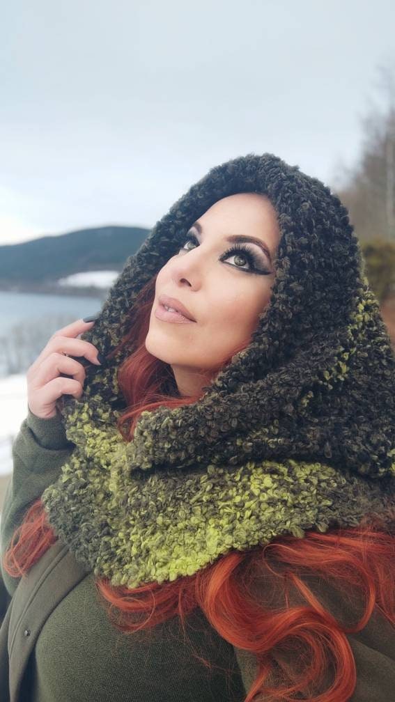 Handmade Mossy Green Witch Hood: Wool Blend Oversized Pagan Hood