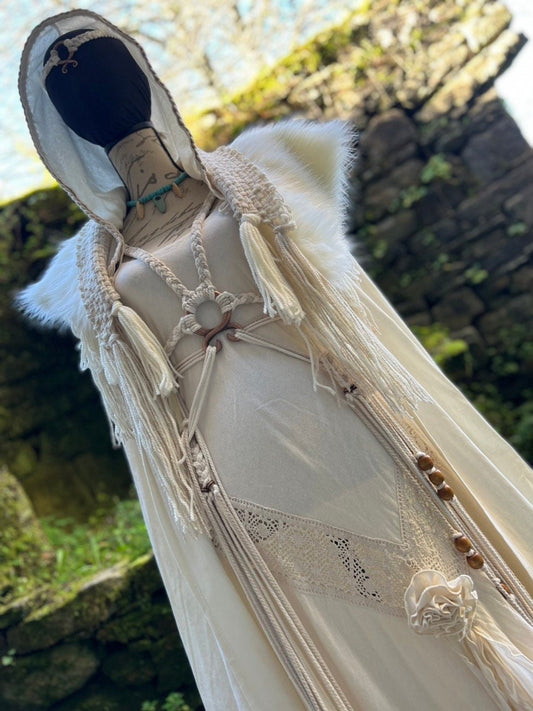 Nordic wedding set for Laura, with dress+ harness belt+ hooded cotton cloak + White fur mantle capelet Style, all metals in Silver colour