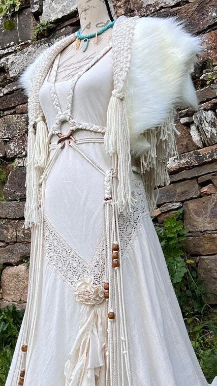 Custom Wedding Set, Woven Shawl, Harness Belt, Fur Mantle, Cotton Cloak
