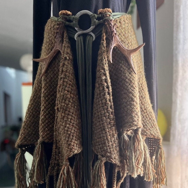 Big Handwoven Shawl, Norse Witch Shawl: Viking Wedding Wrap with Nordic Amulet Belt