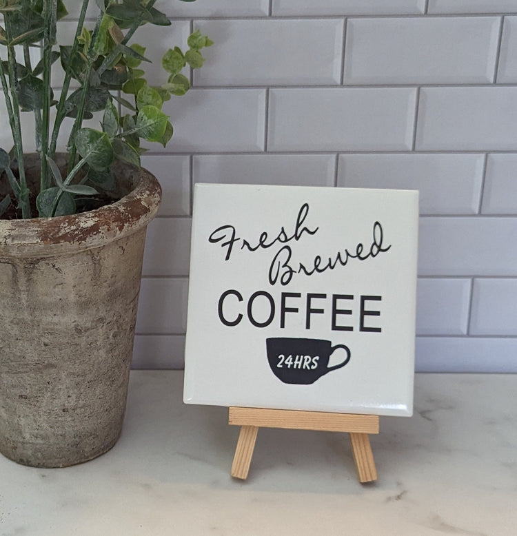 Coffee Bar sign, easel sign, fresh brewed coffee tile sign - easel included, your color choice
