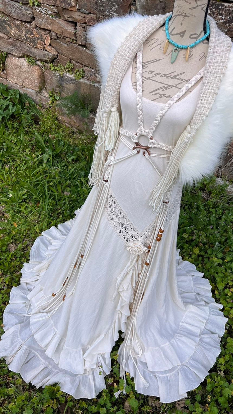 Nordic wedding set for Laura, with dress+ harness belt+ hooded cotton cloak + White fur mantle capelet Style, all metals in Silver colour